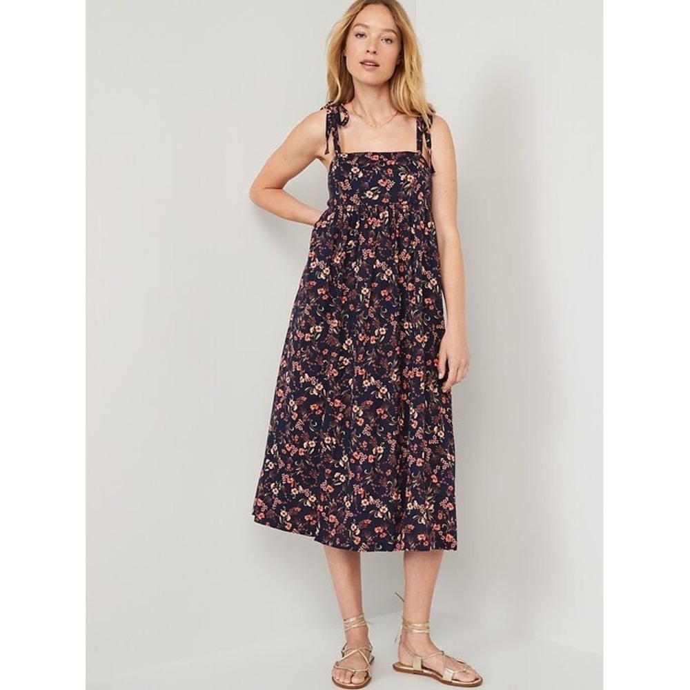 Old Navy Navy Floral Tie Shoulder Midi Dress XS Pockets Smocked Back Babydoll - Picture 1 of 10